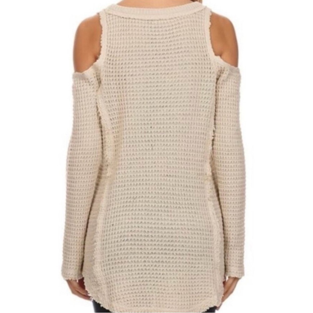 Free People Cream Ivory Off-Shoulder Raw Hem Cotton Women's Waffle Knit Sweater - Picture 2 of 12